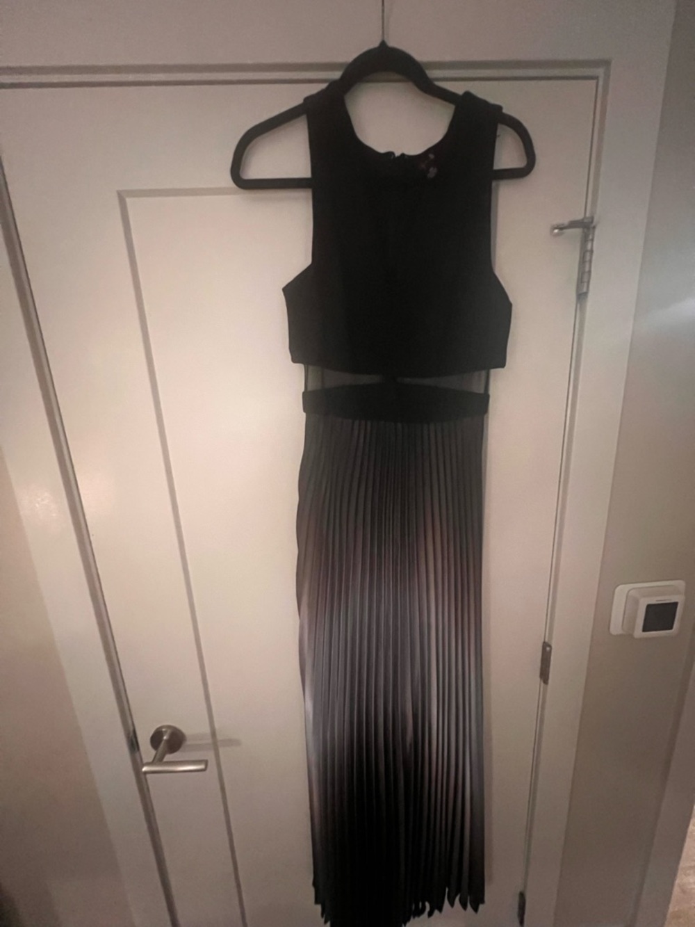 Aqua Black Sleeveless Evening Dress with mesh panel and ombré bottom